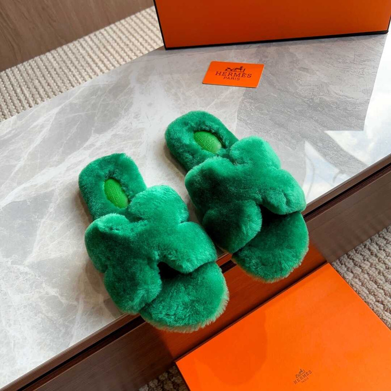 H**mes classic h faux fur slippers green