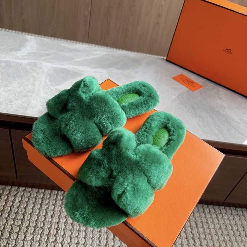 H**mes classic h faux fur slippers green