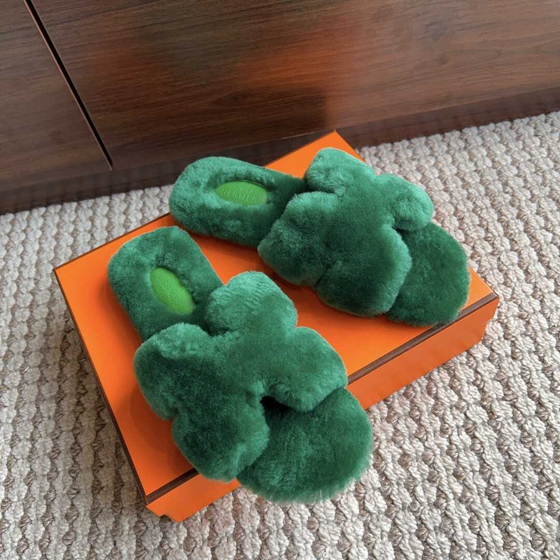 H**mes classic h faux fur slippers green