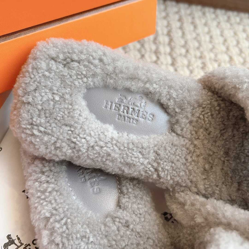 H**mes classic h faux fur slippers grey