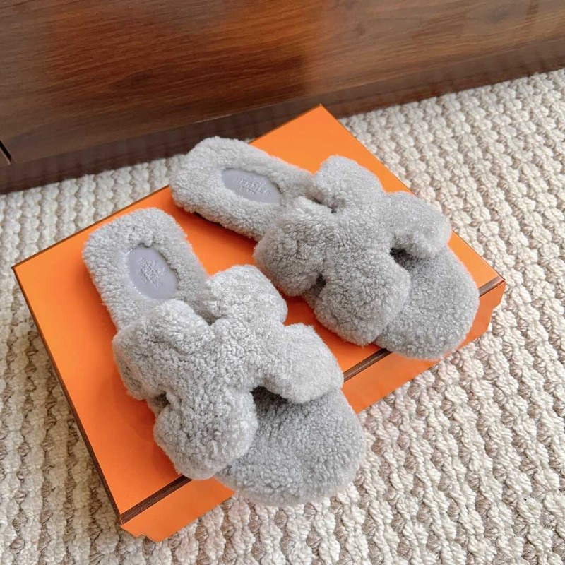 H**mes classic h faux fur slippers grey