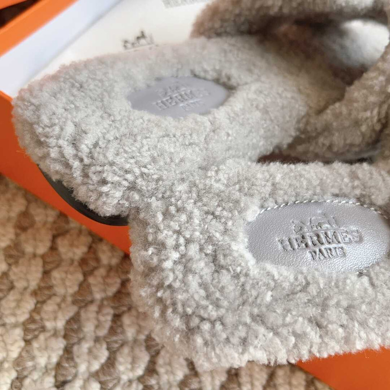 H**mes classic h faux fur slippers grey