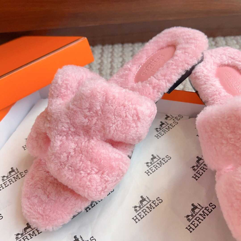 H**mes classic h faux fur slippers pink