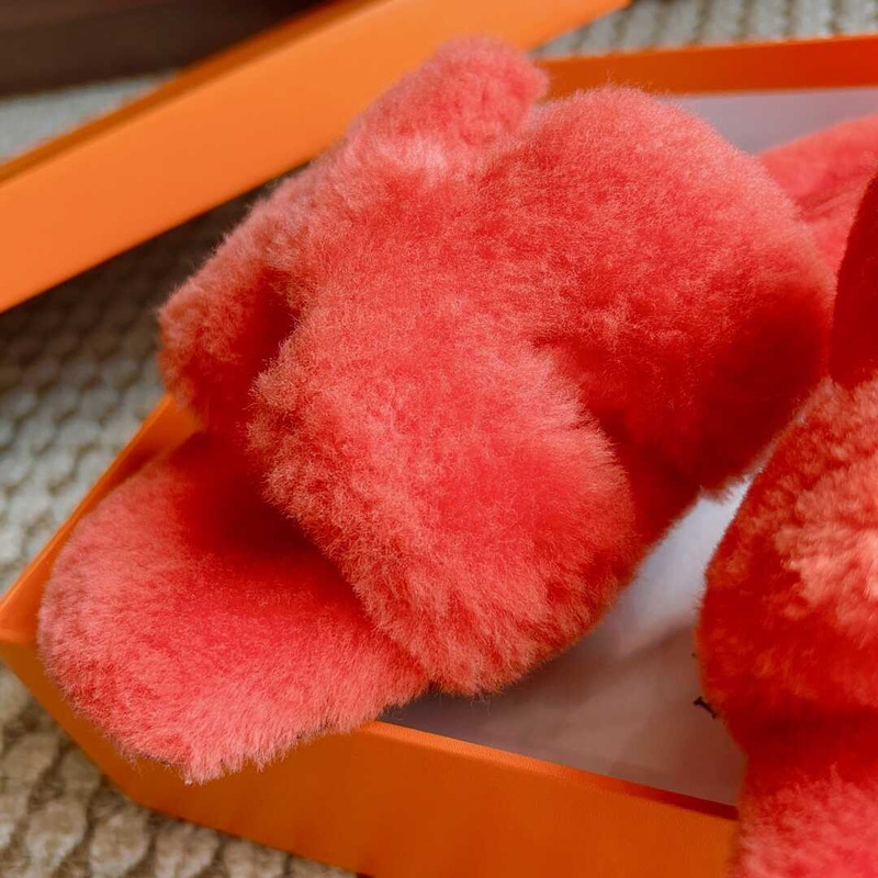 H**mes classic h faux fur slippers peach pink