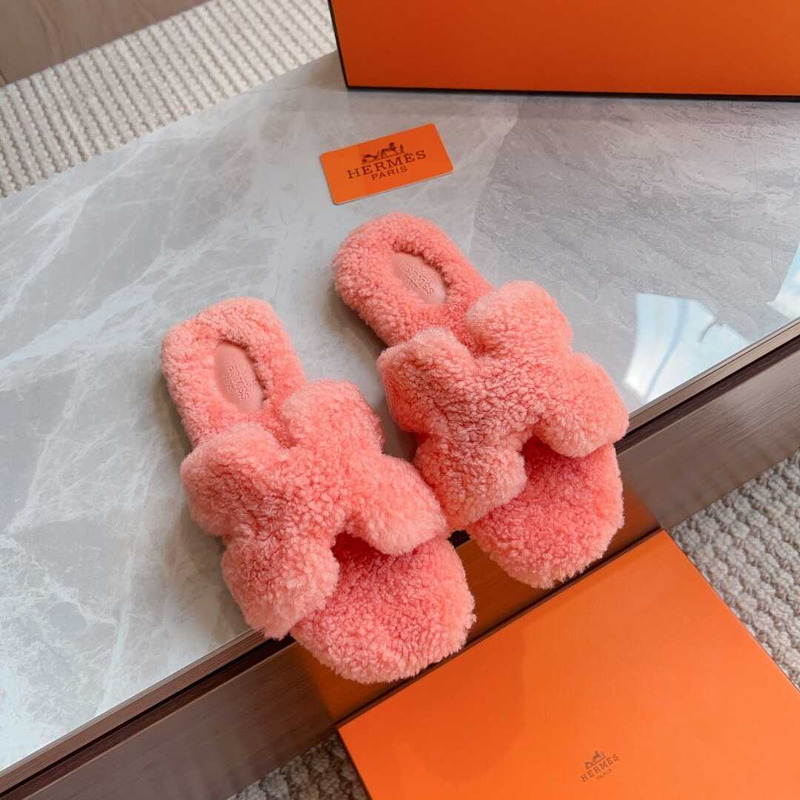 H**mes classic h faux fur slippers coral pink