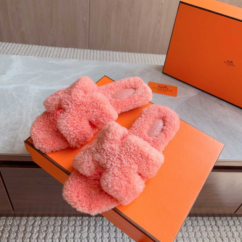 H**mes classic h faux fur slippers coral pink