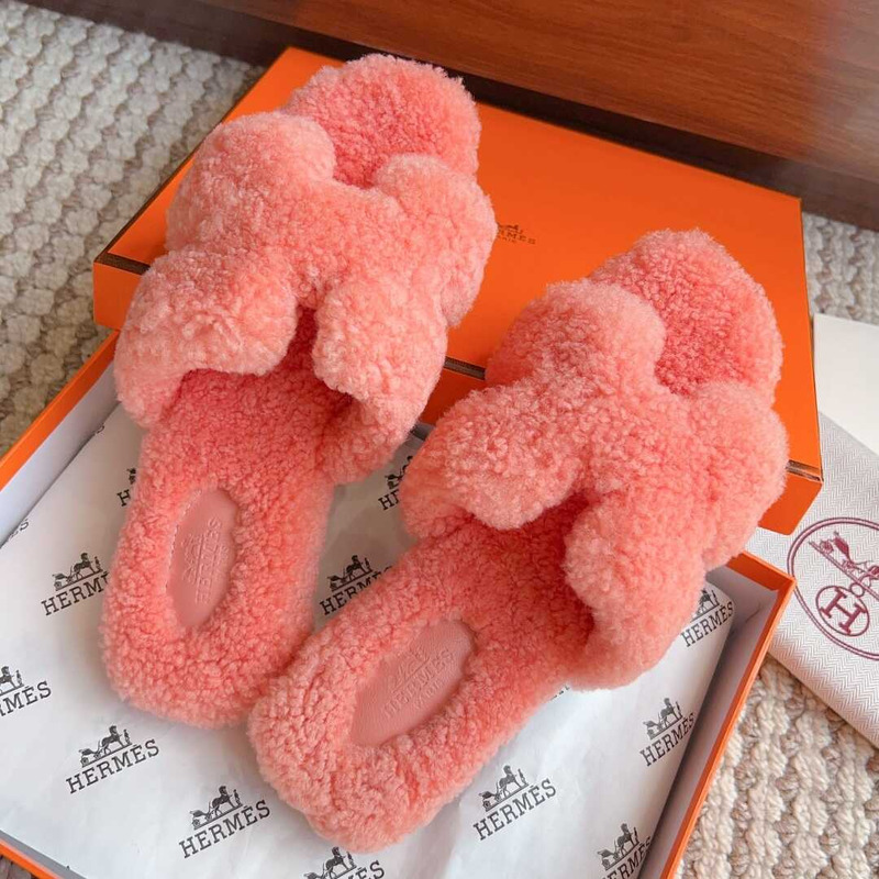 H**mes classic h faux fur slippers coral pink