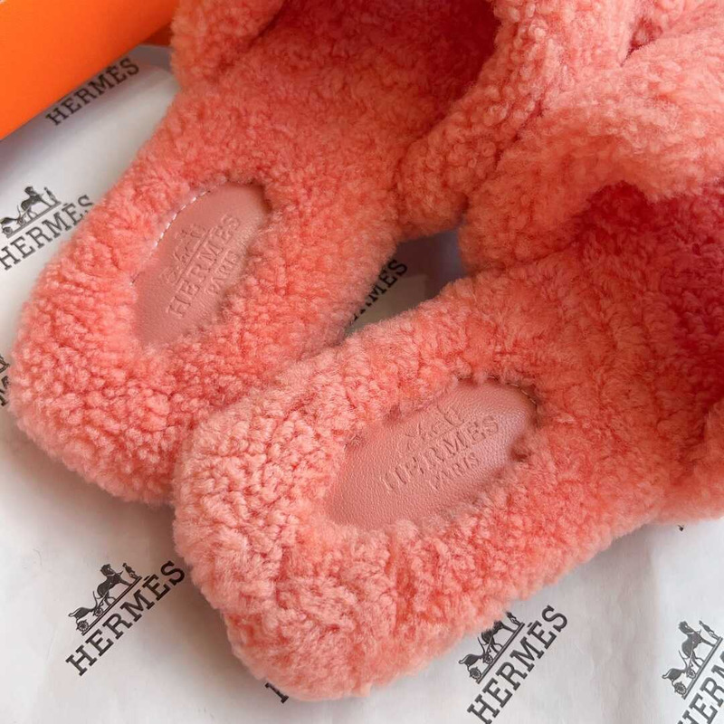 H**mes classic h faux fur slippers coral pink