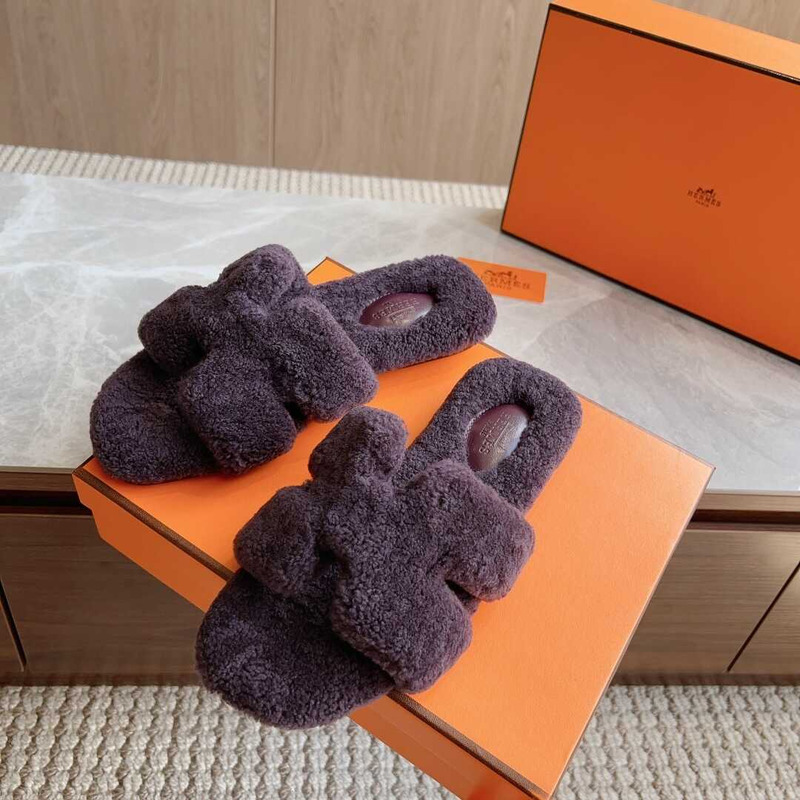 H**mes classic h word teddy bear fur slippers purple