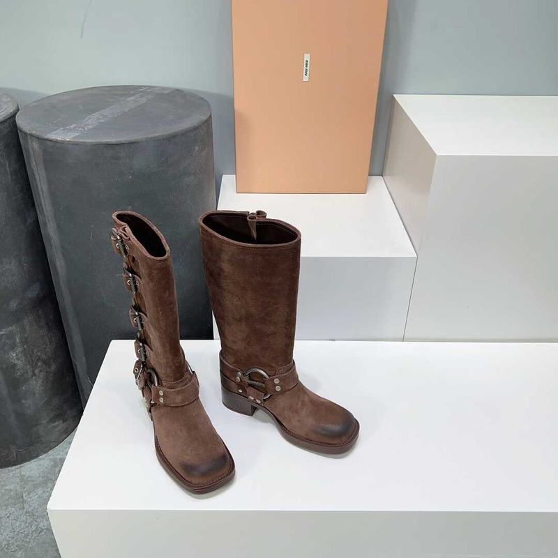 Miu Miu Leather Biker Boots Ocher Brown