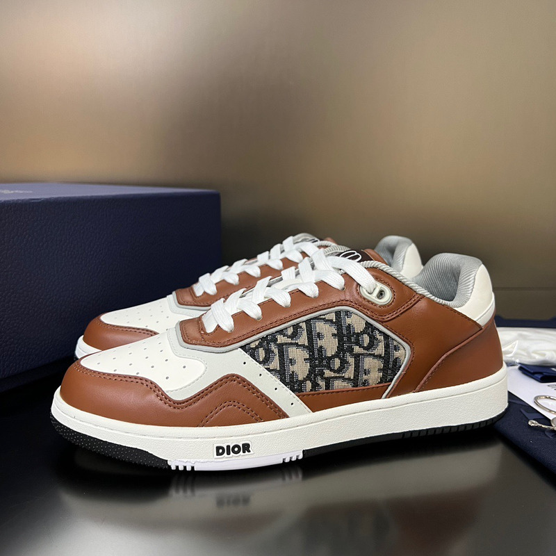 D*or low-cut sneakers brown and creamy white smooth calf leather and beige and black D*or oblique flowers