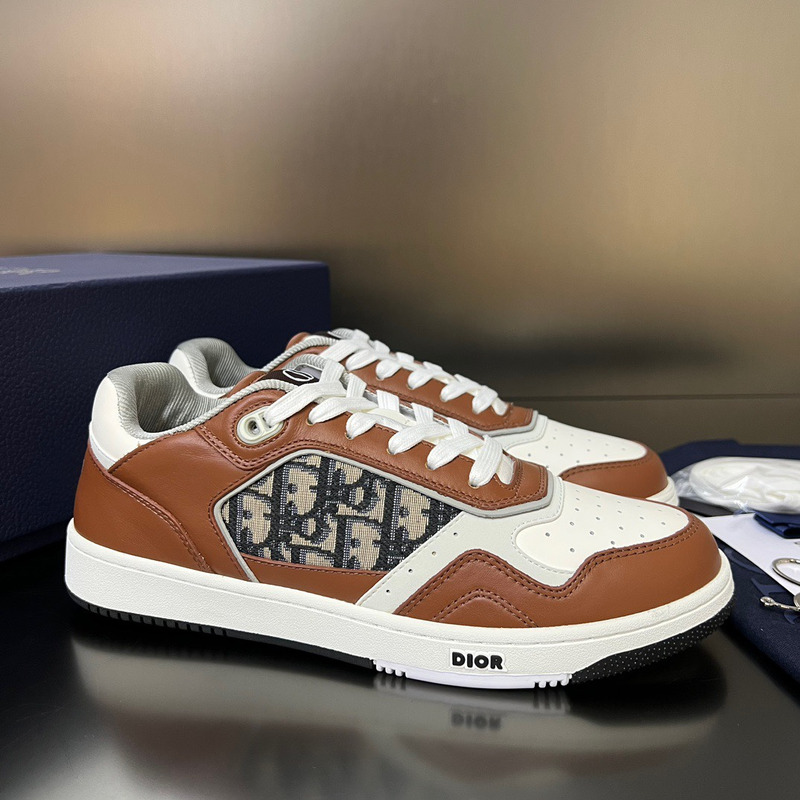 D*or low-cut sneakers brown and creamy white smooth calf leather and beige and black D*or oblique flowers