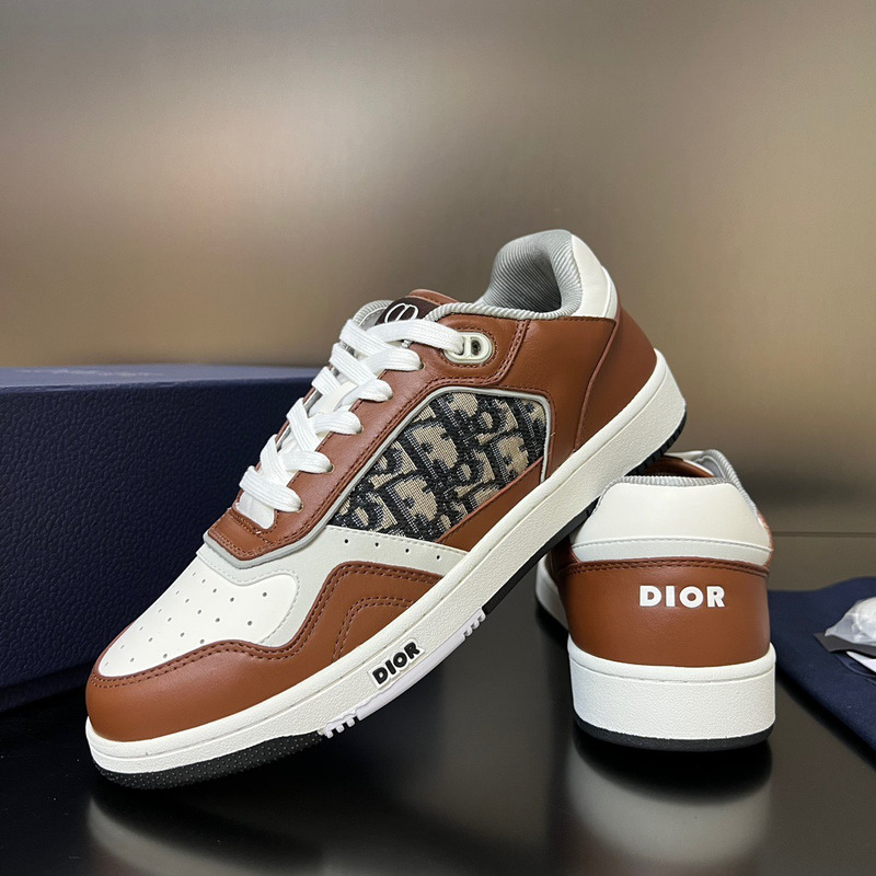 D*or low-cut sneakers brown and creamy white smooth calf leather and beige and black D*or oblique flowers