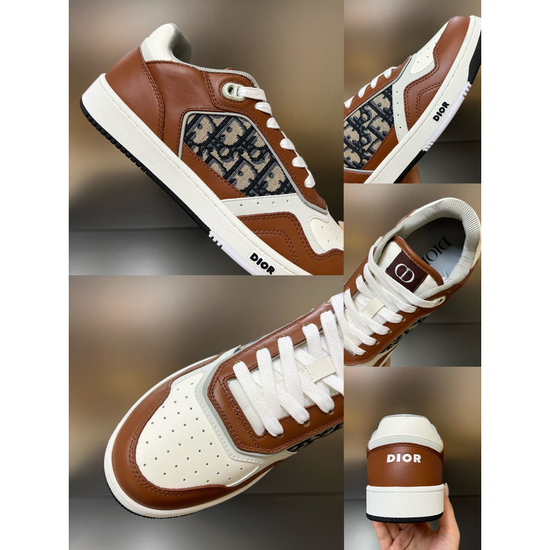 D*or low-cut sneakers brown and creamy white smooth calf leather and beige and black D*or oblique flowers