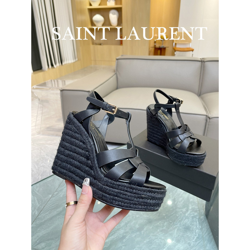 Saint Laurent T-Strap Wedge Espadrilles Heels Black