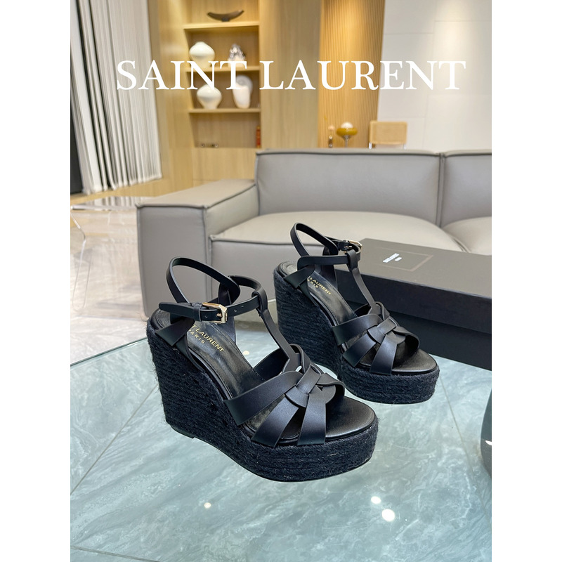 Saint Laurent T-Strap Wedge Espadrilles Heels Black