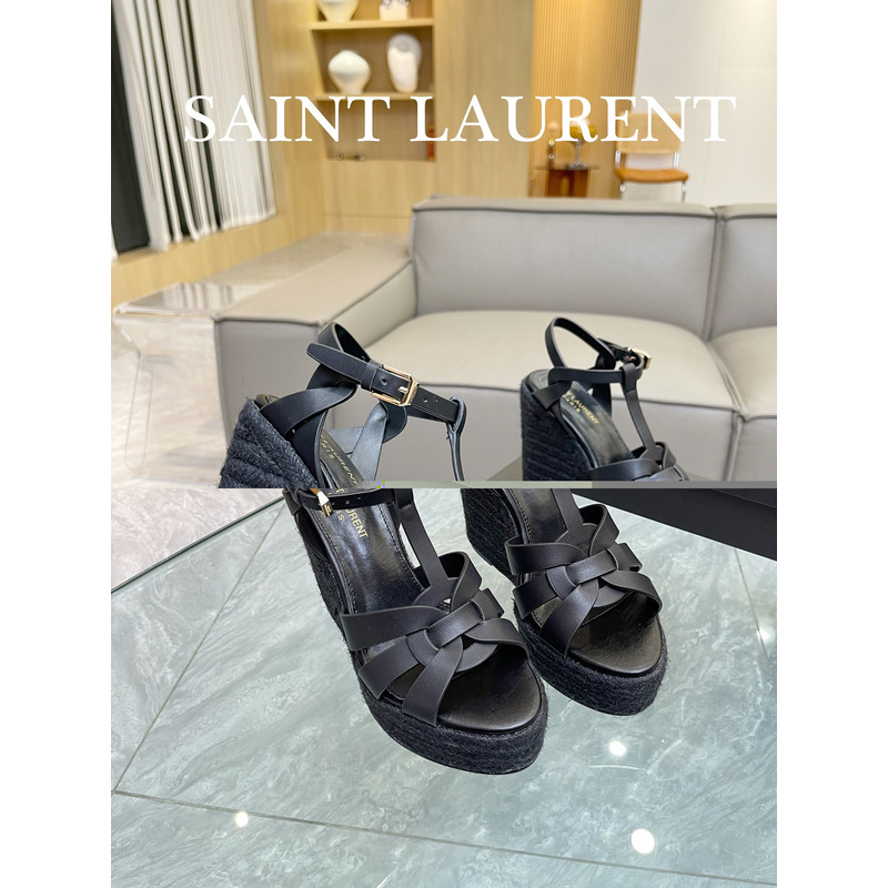 Saint Laurent T-Strap Wedge Espadrilles Heels Black