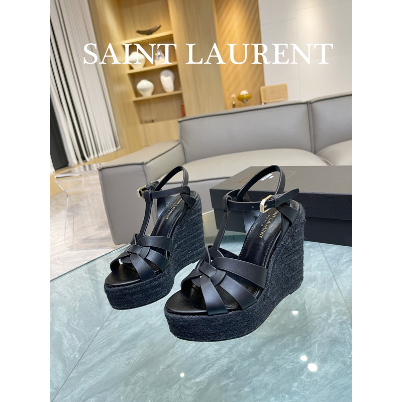 Saint Laurent T-Strap Wedge Espadrilles Heels Black