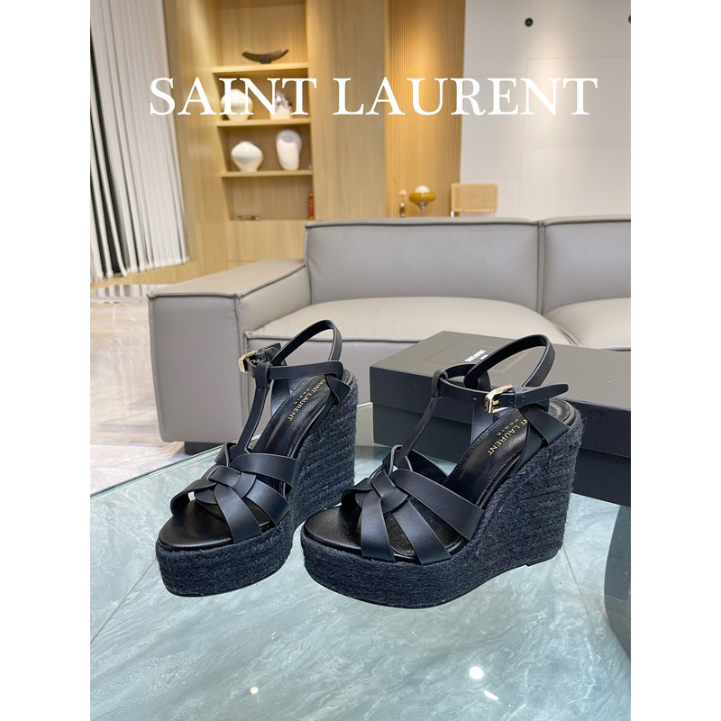 Saint Laurent T-Strap Wedge Espadrilles Heels Black