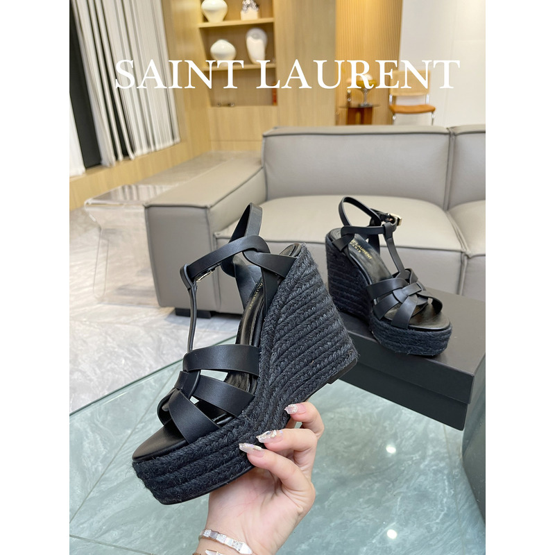 Saint Laurent T-Strap Wedge Espadrilles Heels Black