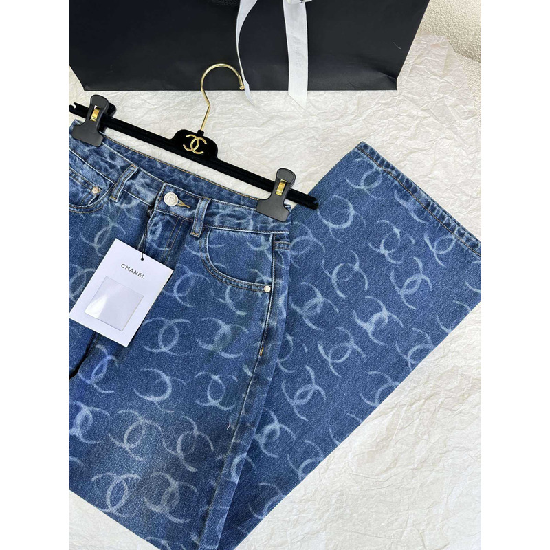 Ch*el jeans embroidered printed denim dark blue, white & silver