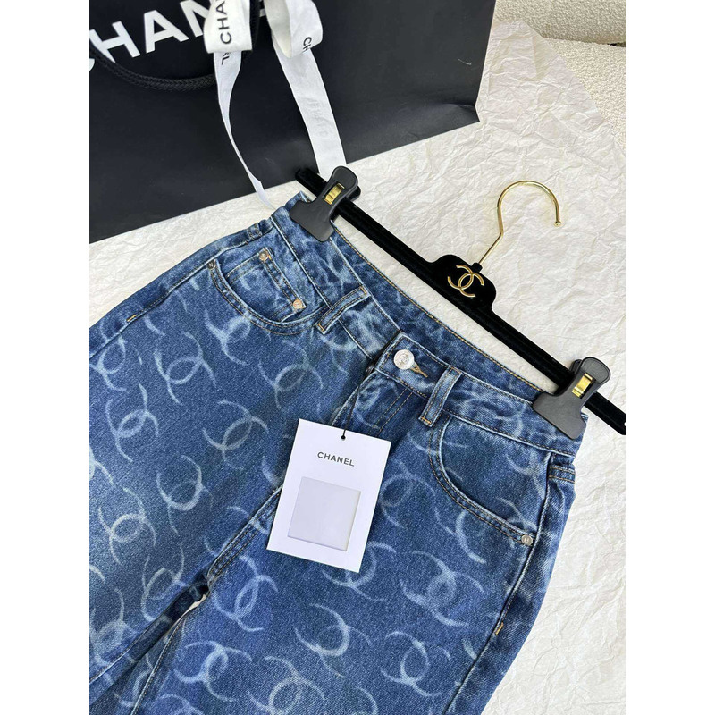 Ch*el jeans embroidered printed denim dark blue, white & silver