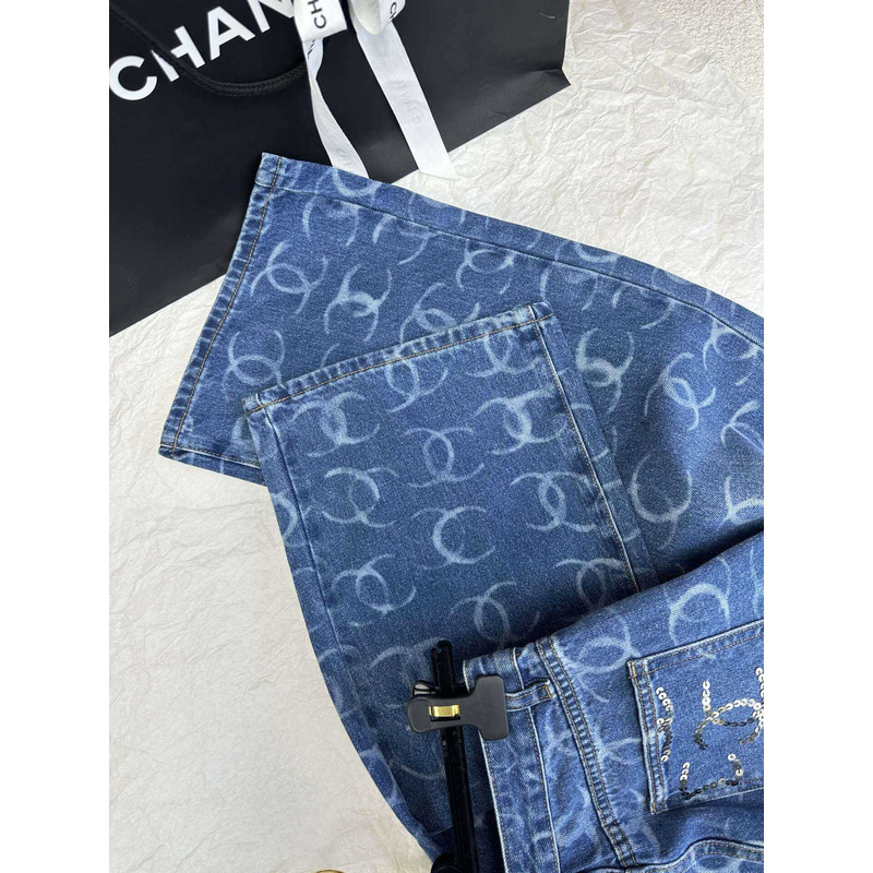 Ch*el jeans embroidered printed denim dark blue, white & silver