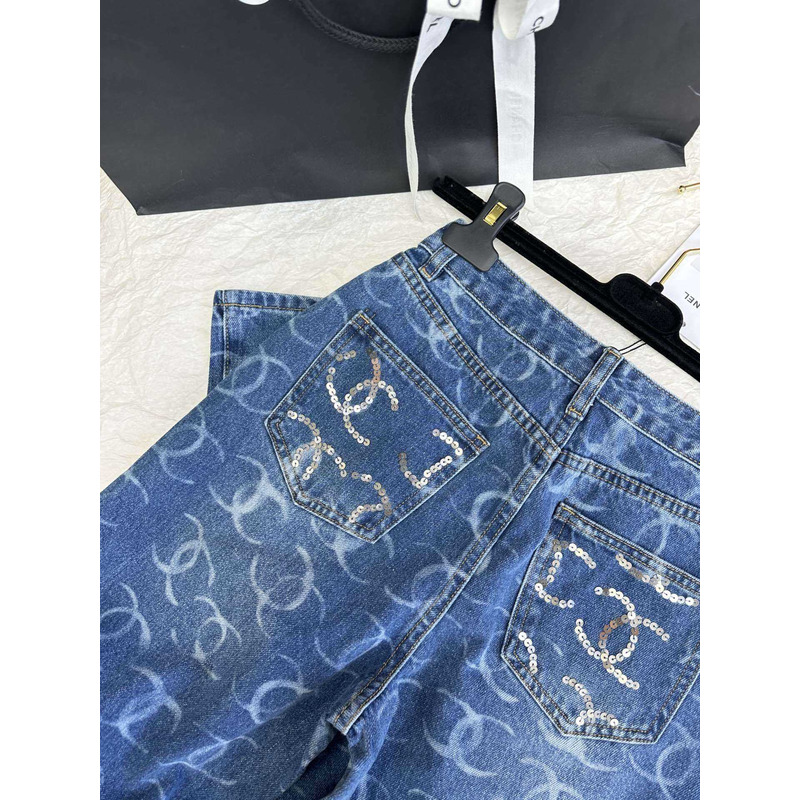 Ch*el jeans embroidered printed denim dark blue, white & silver