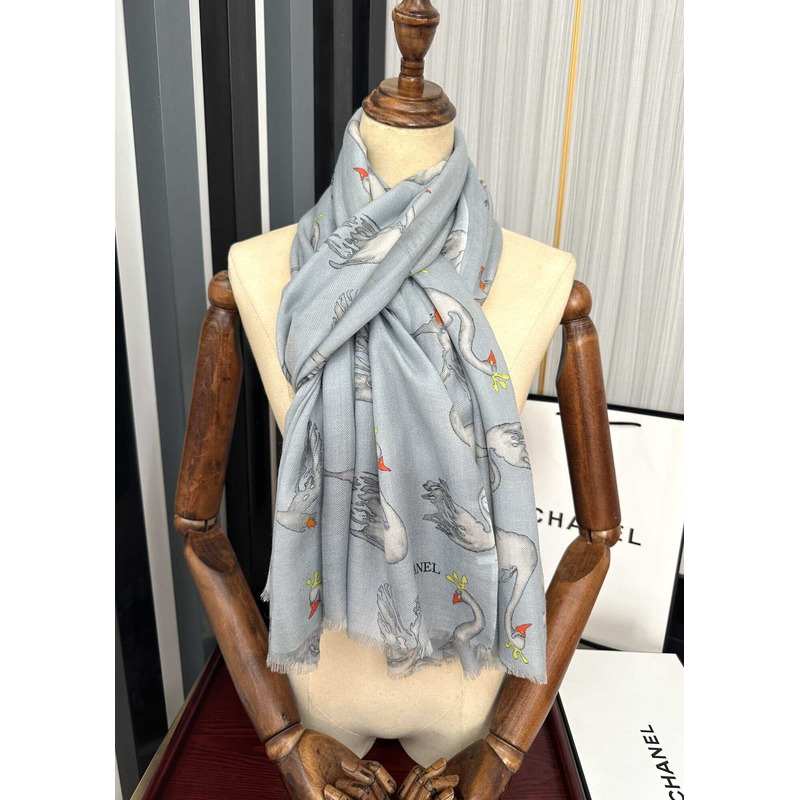 Ch*el swan print silk scarf blue