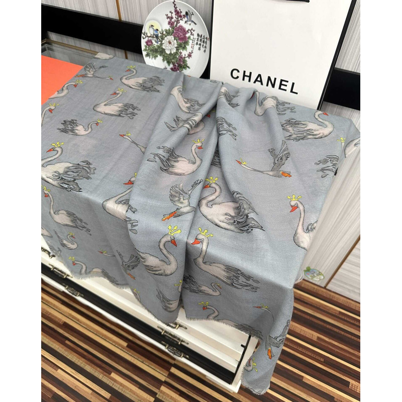 Ch*el swan print silk scarf blue