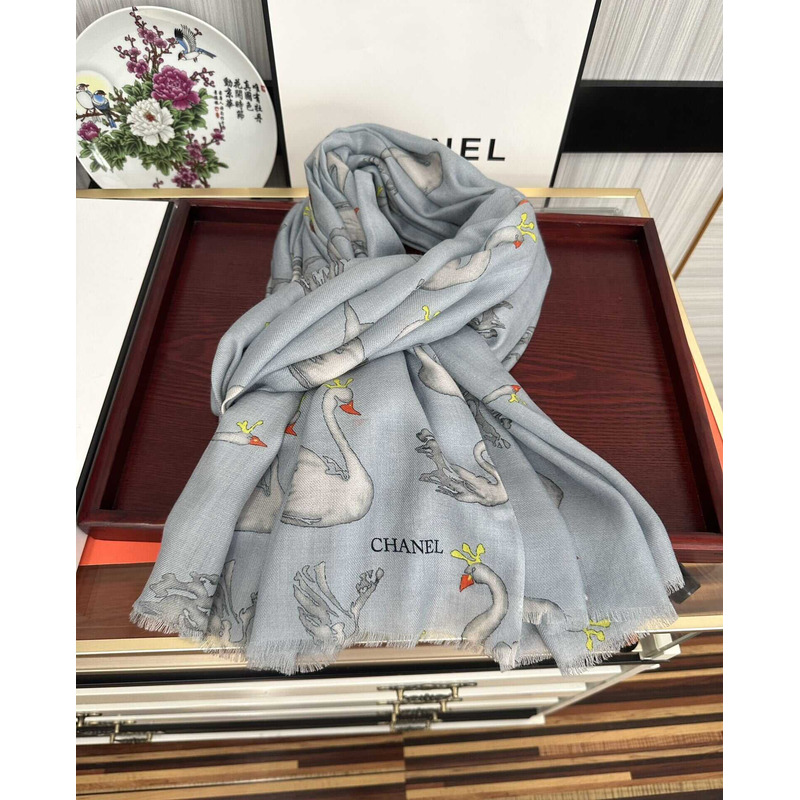 Ch*el swan print silk scarf blue