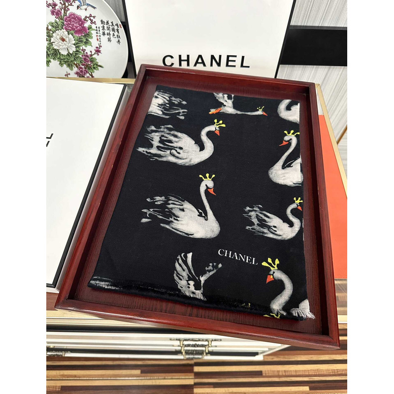 Ch*el swan print silk scarf black