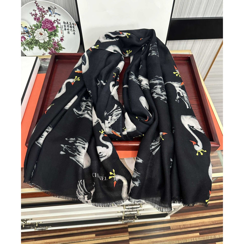 Ch*el swan print silk scarf black