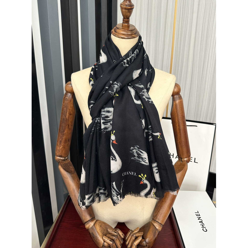 Ch*el swan print silk scarf black