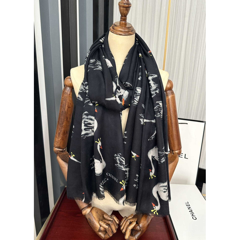 Ch*el swan print silk scarf black