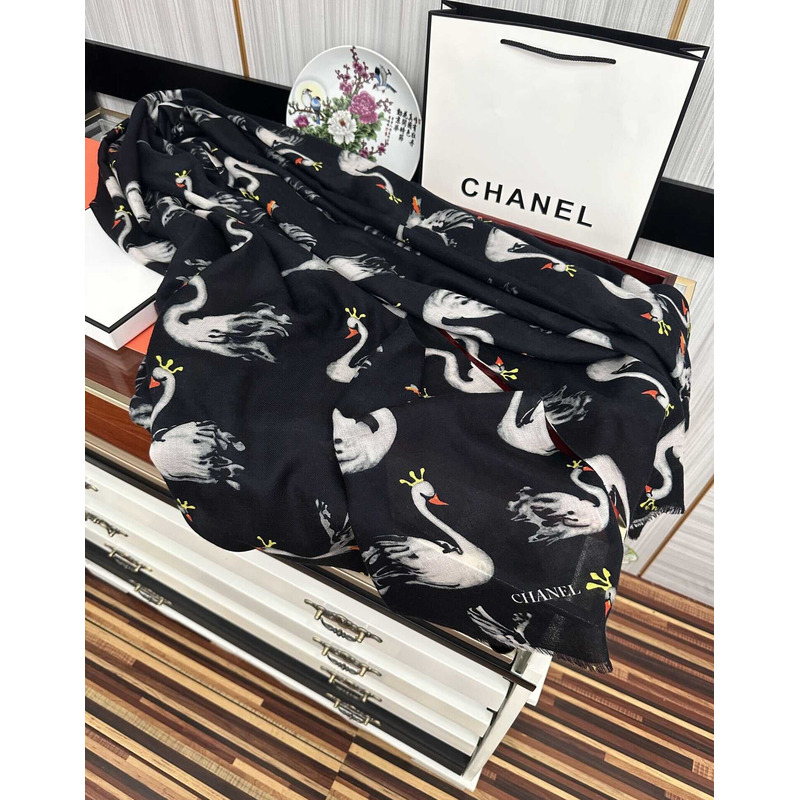 Ch*el swan print silk scarf black