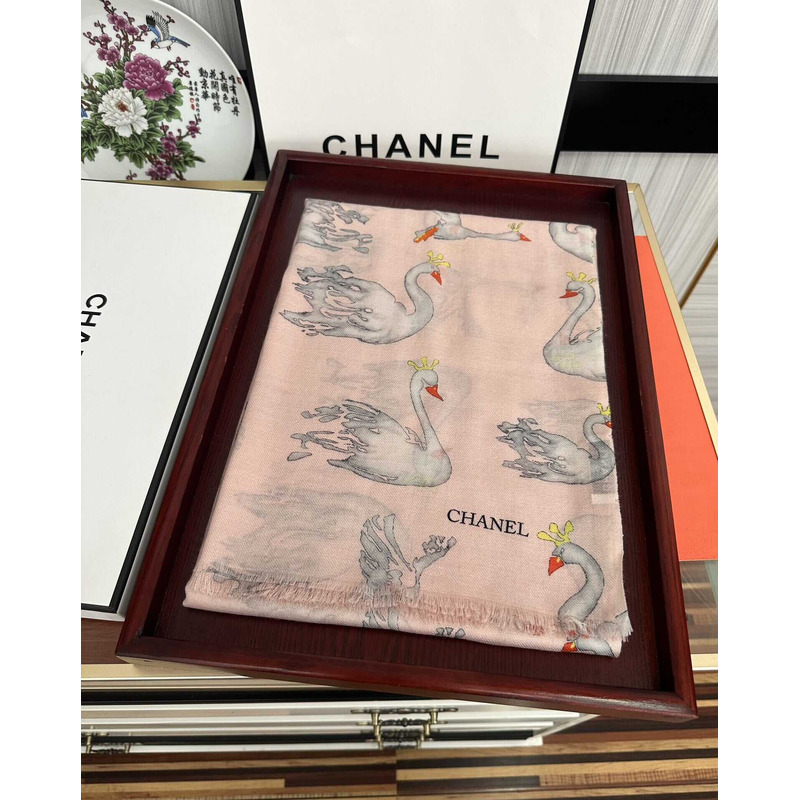 Ch*el swan print silk scarf pink