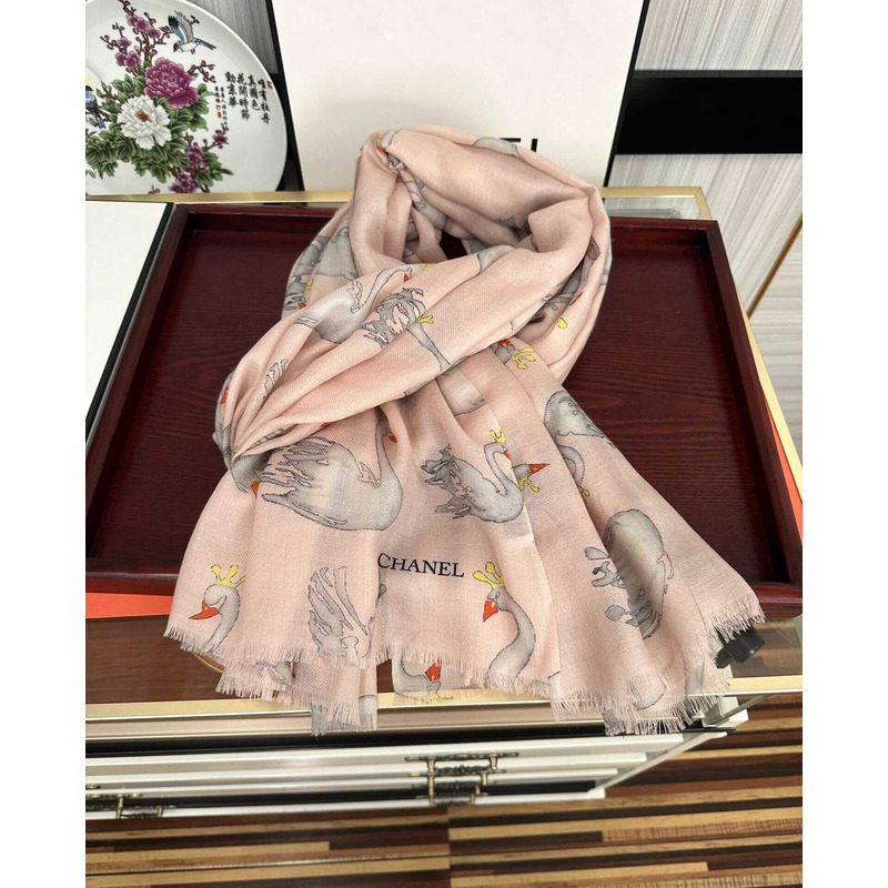 Ch*el swan print silk scarf pink