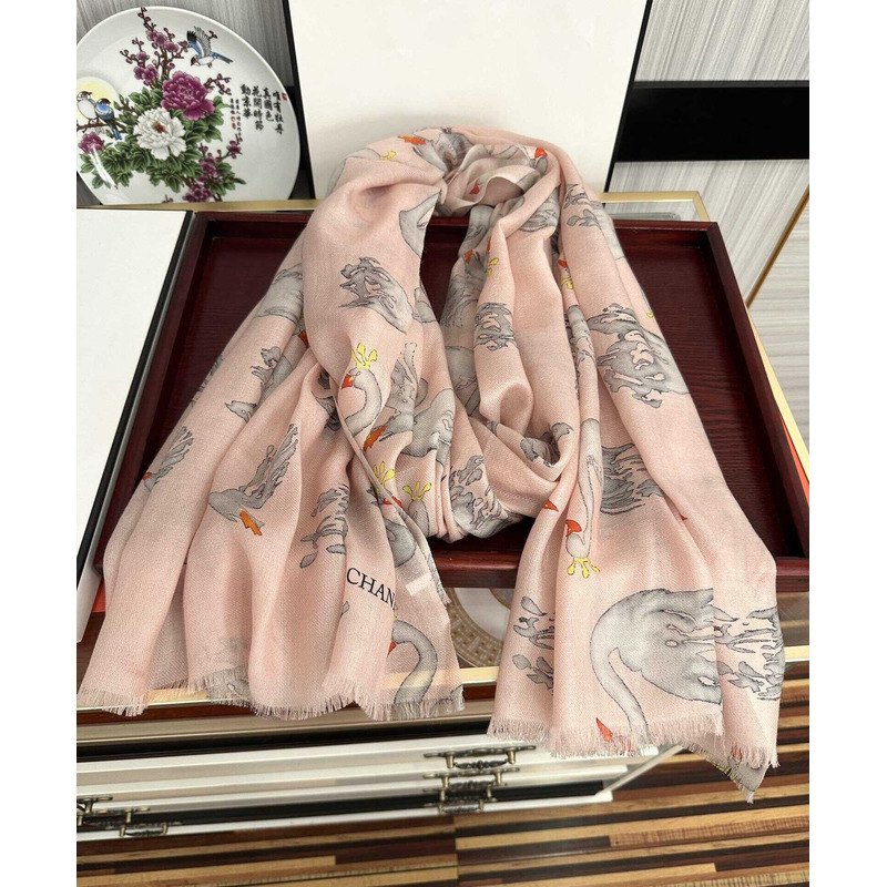 Ch*el swan print silk scarf pink