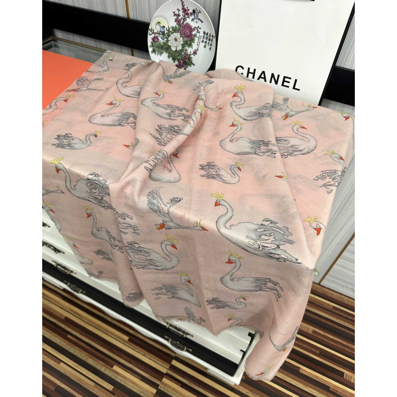 Ch*el swan print silk scarf pink