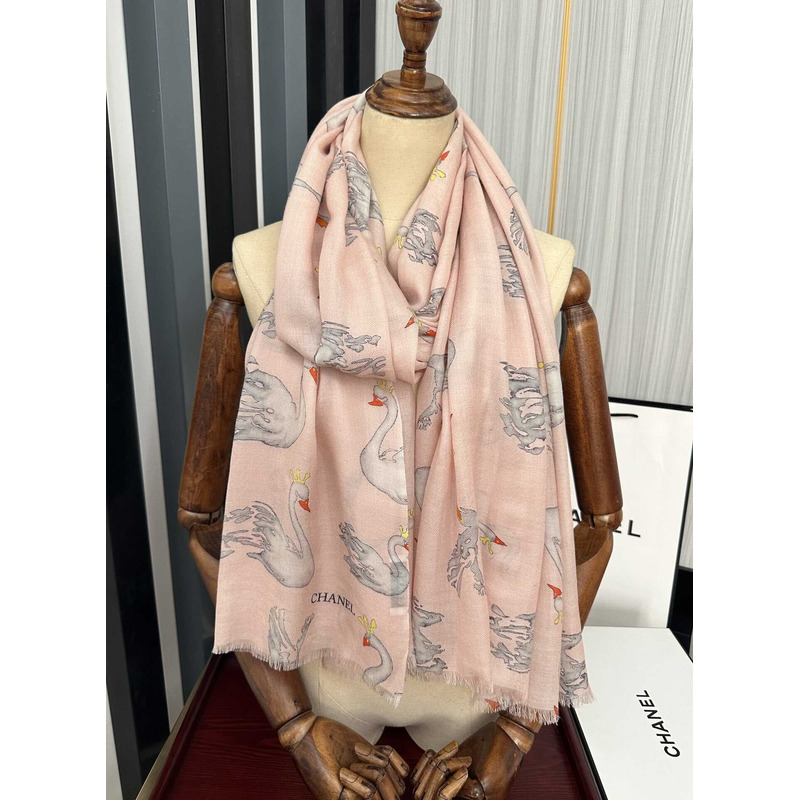 Ch*el swan print silk scarf pink