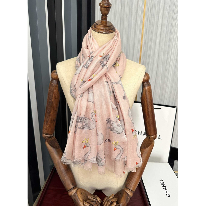 Ch*el swan print silk scarf pink