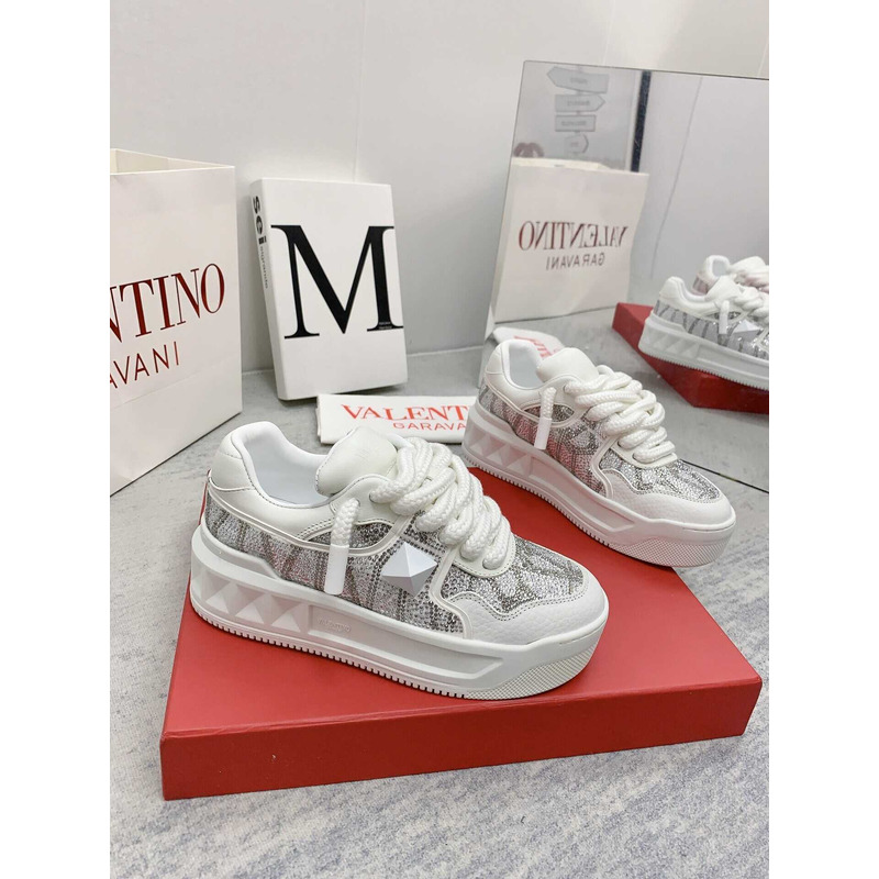 Valentino Women\''s Nappa V Logo Crystal Embellished Sneakers White