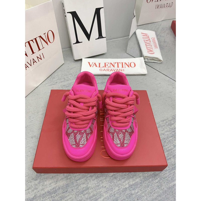 Valentino Women\''s Nappa V Logo Crystal Embellished Sneakers Hot Pink