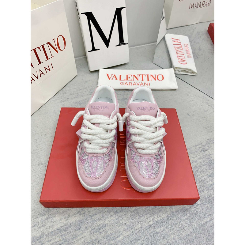 Valentino Women\''s Nappa V Logo Crystal Embellished Sneakers Pink