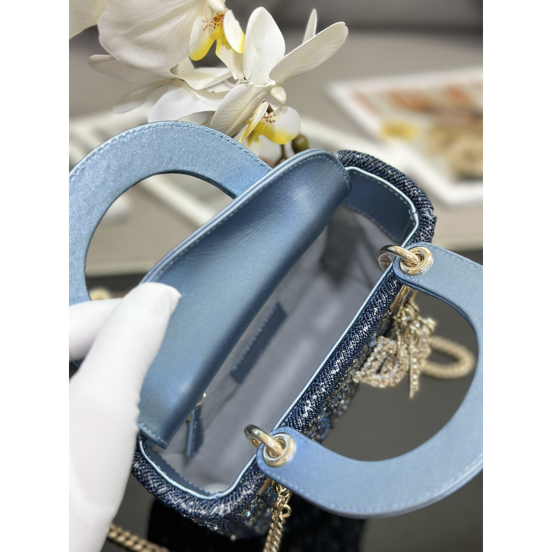 D*or mini lady D*or bag metallic calfskin and satin embroidery blue bag