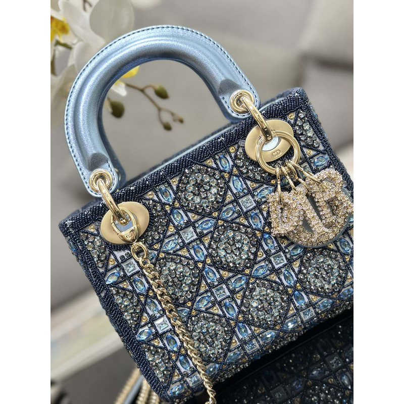 D*or mini lady D*or bag metallic calfskin and satin embroidery blue bag