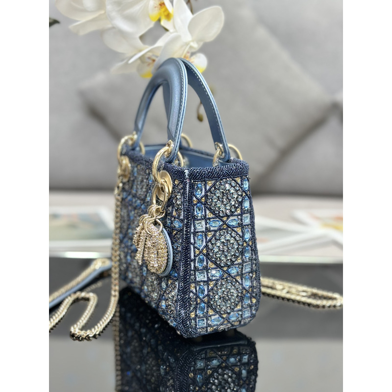 D*or mini lady D*or bag metallic calfskin and satin embroidery blue bag