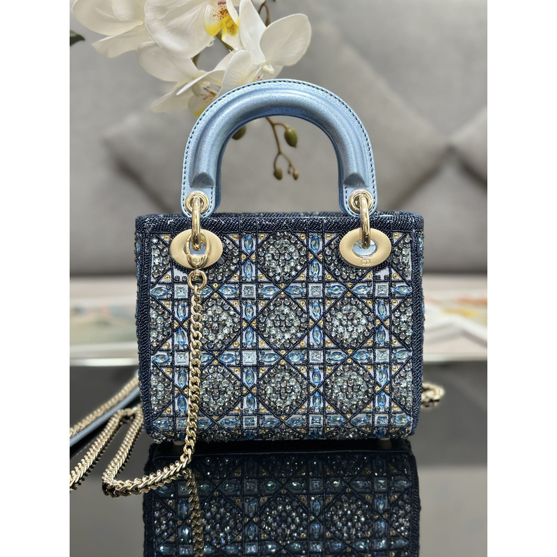 D*or mini lady D*or bag metallic calfskin and satin embroidery blue bag