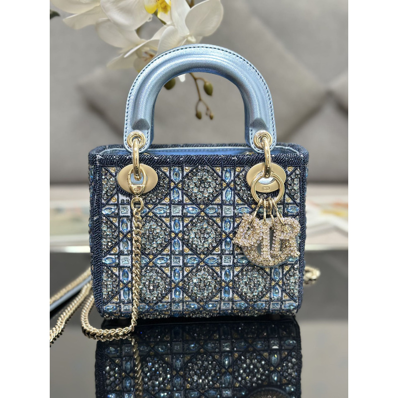 D*or mini lady D*or bag metallic calfskin and satin embroidery blue bag